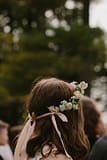 Green and white flower girl crown with pink ribbon by Nectar and Root, Vermont wedding florist at Shelburne Coach Barn in Shelburne, Vermont.
