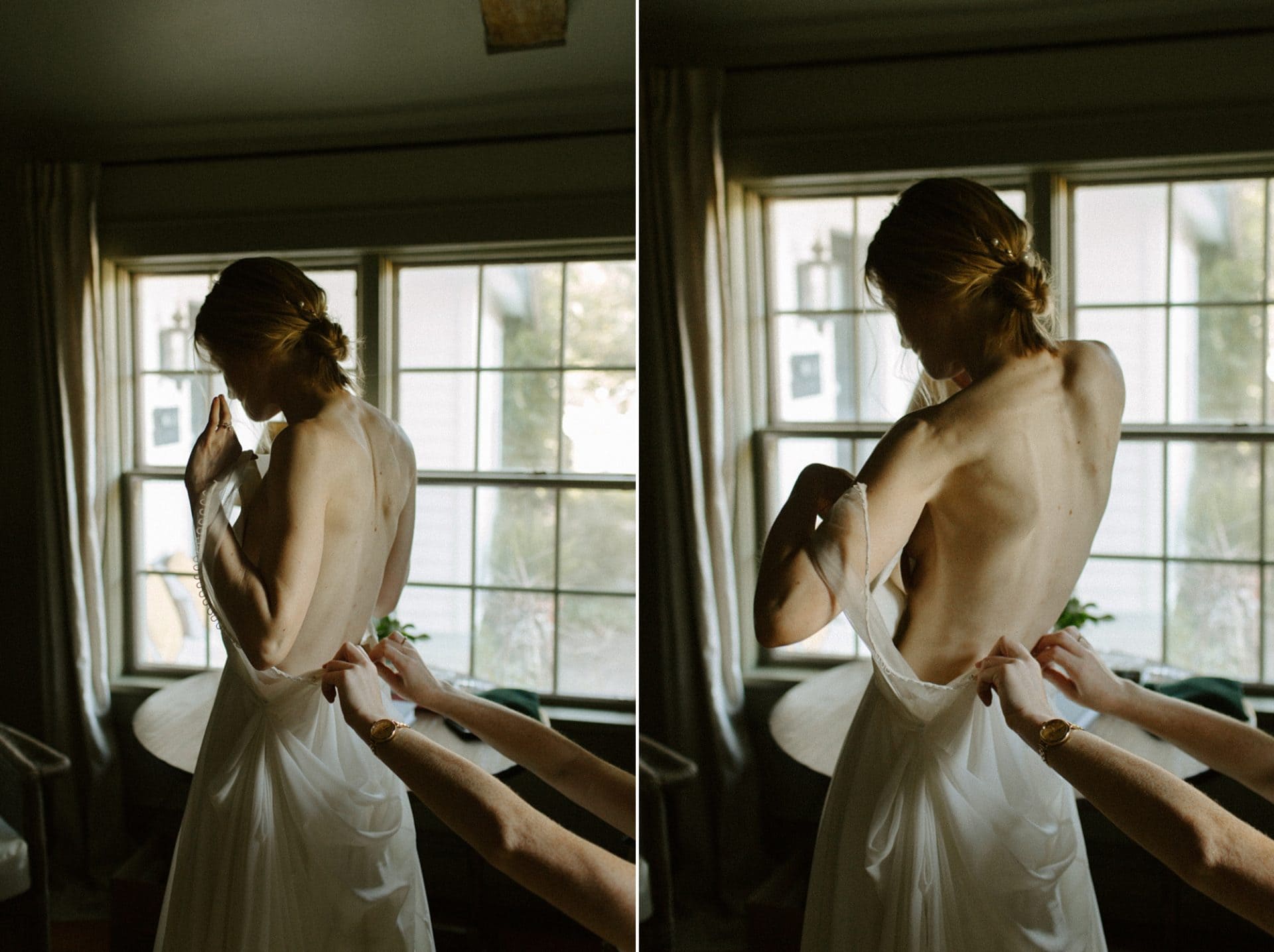 Bride putting her dress on at M & D Farm
