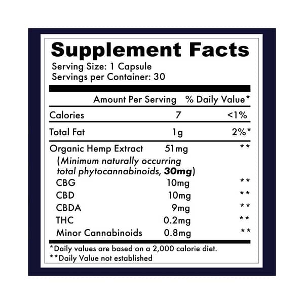 Organic CBG+CBD+CBDA 30mg Supplement Label