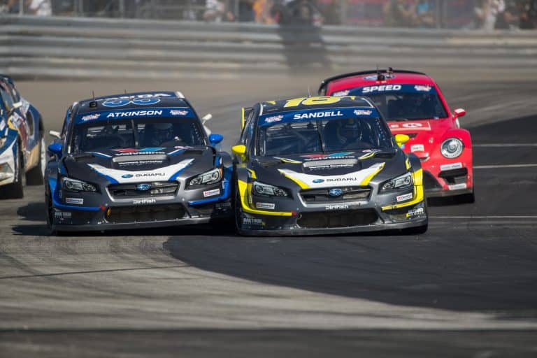 Subaru teammates Chris Atkinson and Patrik Sandell charge into a corner at GRC LA MMS20293 2 768x512 1